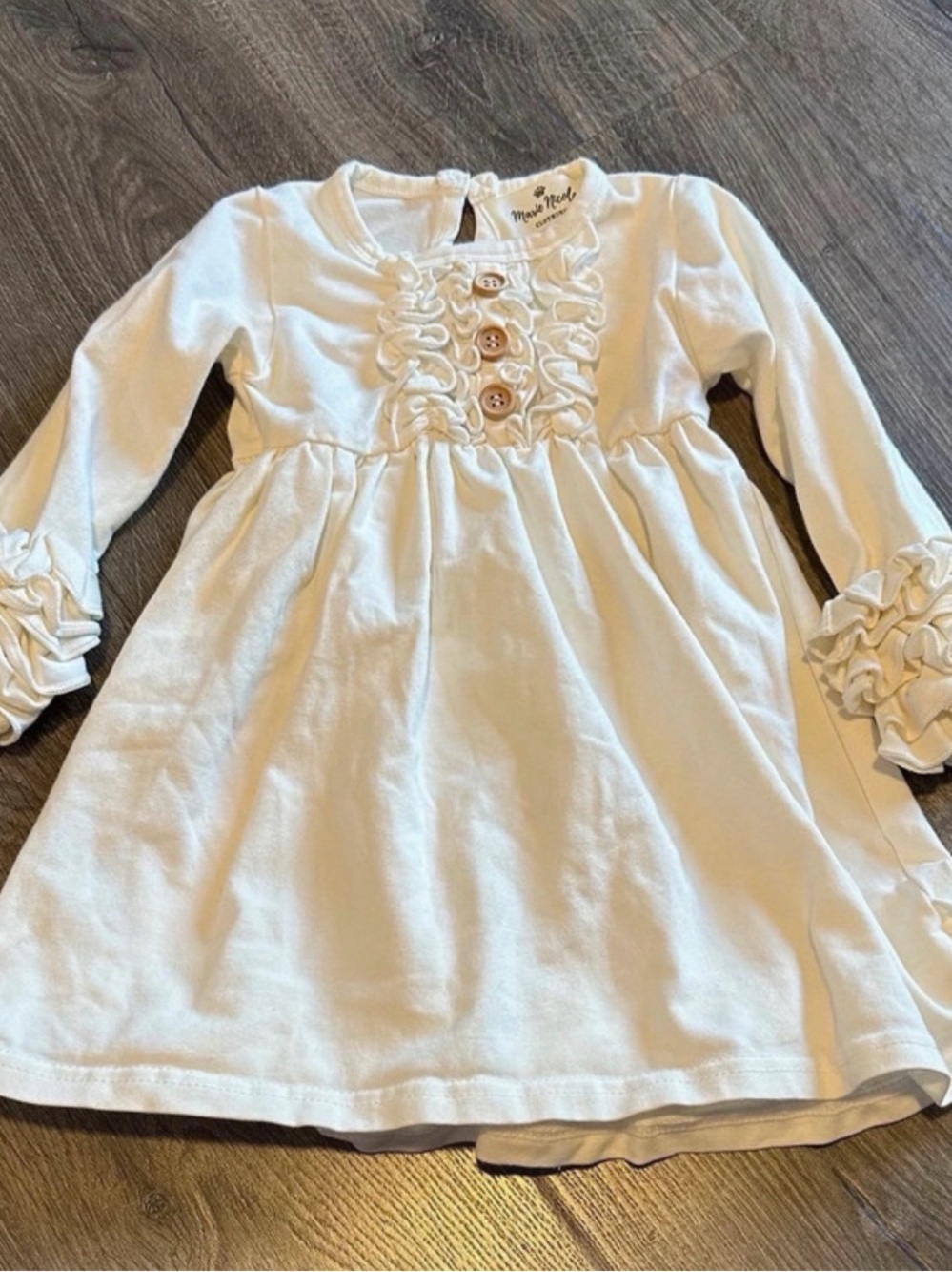 Long Sleeve White Ruffle-Front Kids Dress